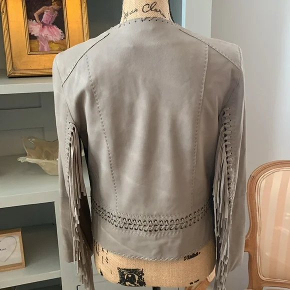 Elie Tahari Lamb Leather Fringe cropped sexy jacket tan brown S $398 gorgeous - Picture 6 of 10